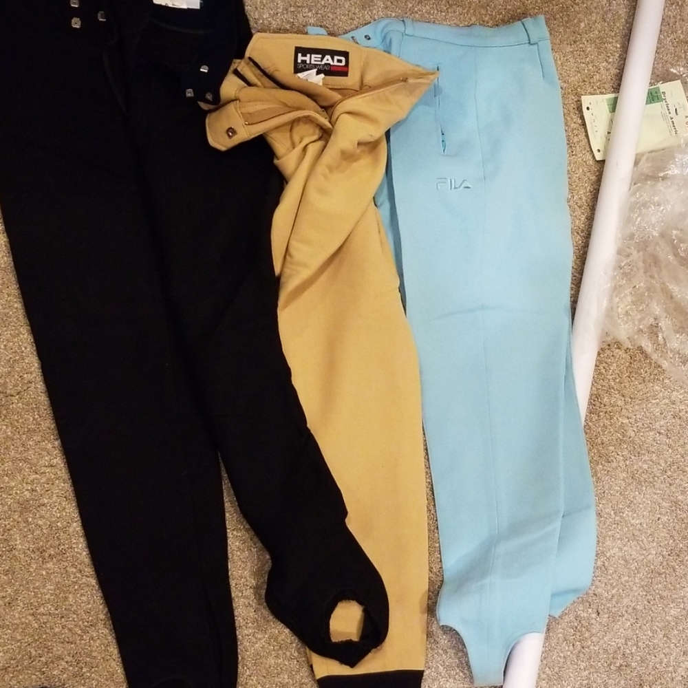 3 pairs of ski pants, head, fila, and kaelin brand